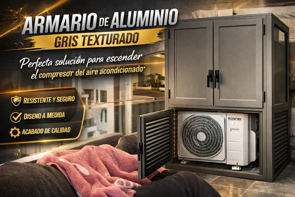 Armario de aluminio gris texturado para cubrir compresor de aire acondicionado