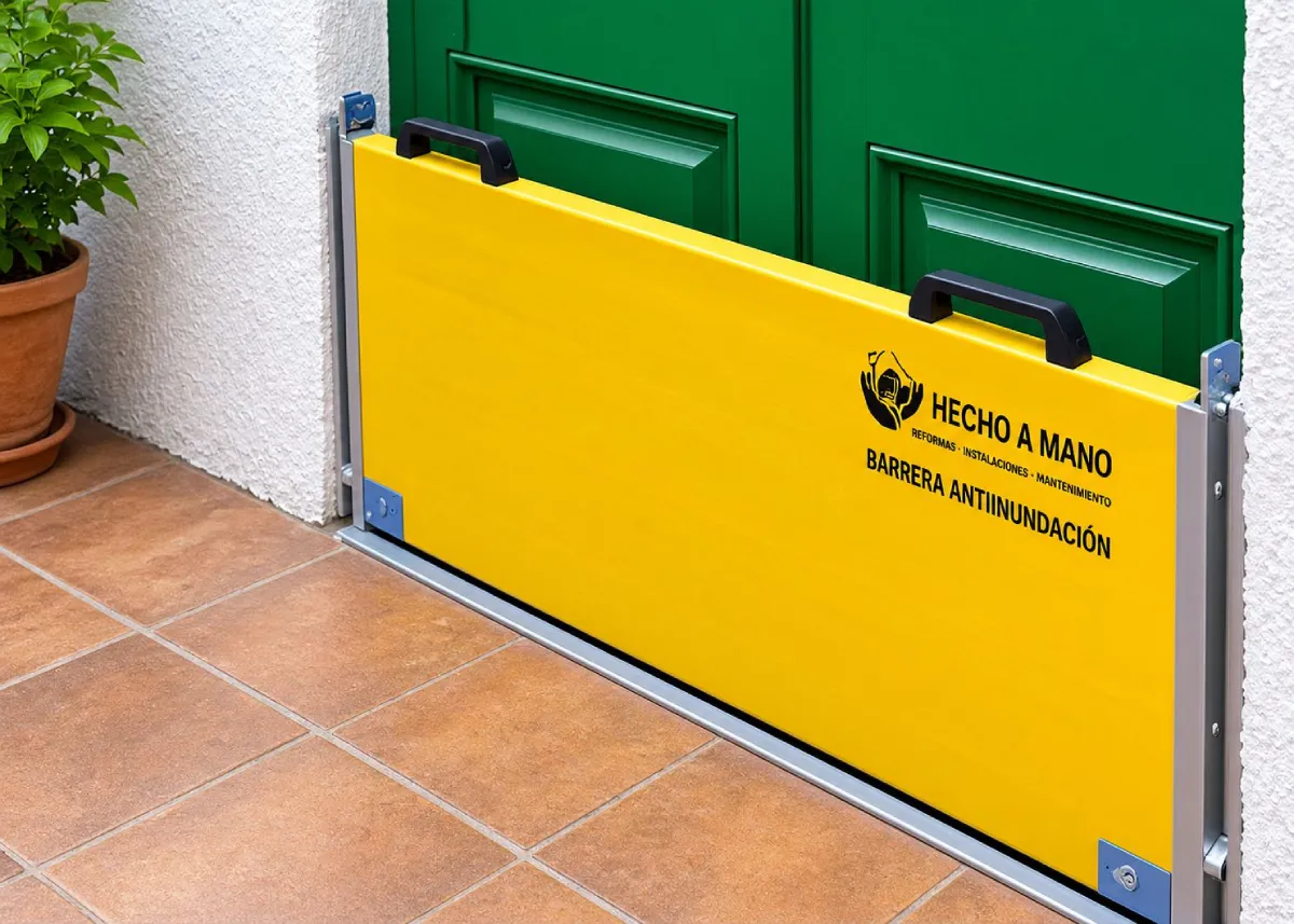 Barrera antiinundación desmontable amarilla instalada delante de una puerta