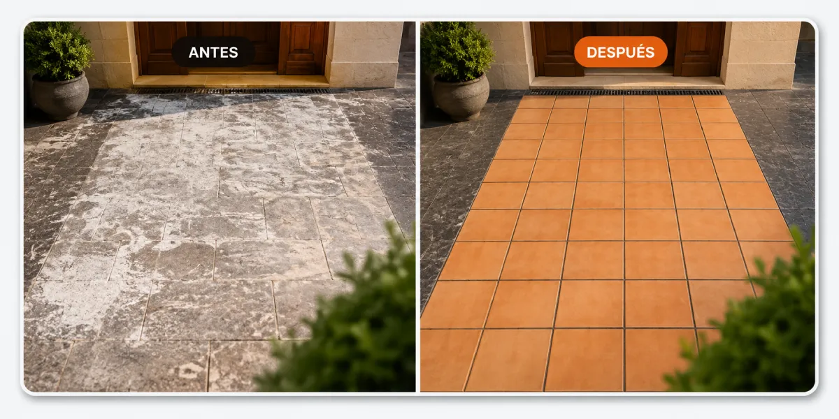 Antes y después de la instalación de suelo Greco Gres en una terraza en Lloret de Mar