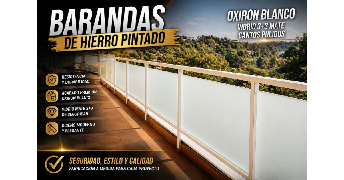 Barandas de hierro pintado con Oxirón Blanco y vidrio mate 3+3 para terrazas en Girona y Barcelona