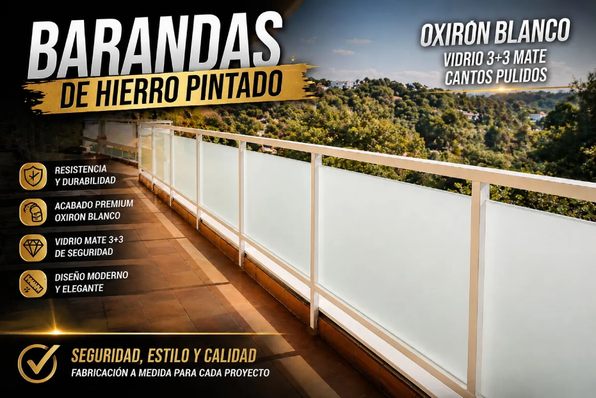 Barandas de hierro pintado con Oxirón Blanco y vidrio mate 3+3 para terrazas en Girona y Barcelona