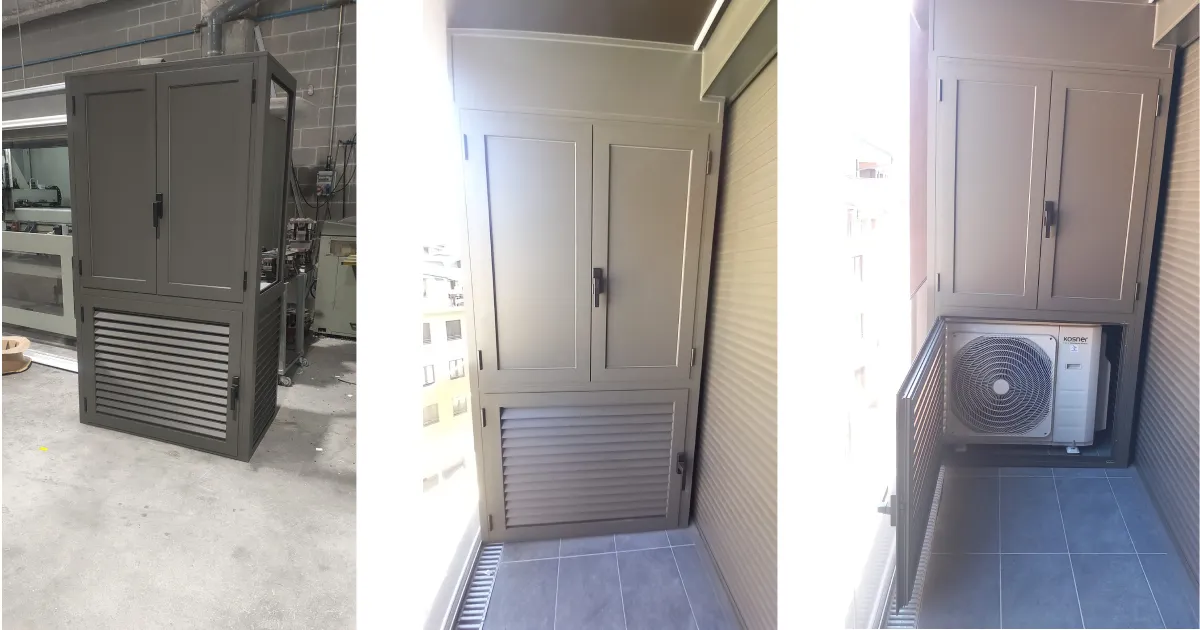 Armario de aluminio instalado en balcón en Girona para ocultar compresor de aire acondicionado marca Kosner