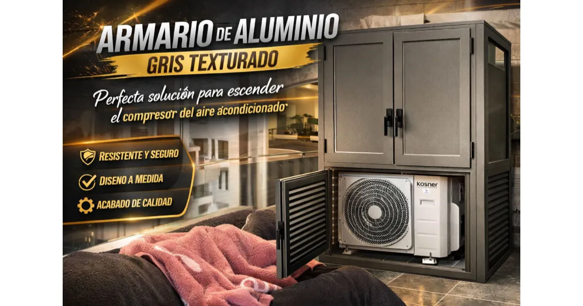 Armario de aluminio gris texturado para cubrir compresor de aire acondicionado – diseño moderno y resistente. Calidad profesional en toda Cataluña, Girona, Costa Brava y Barcelona