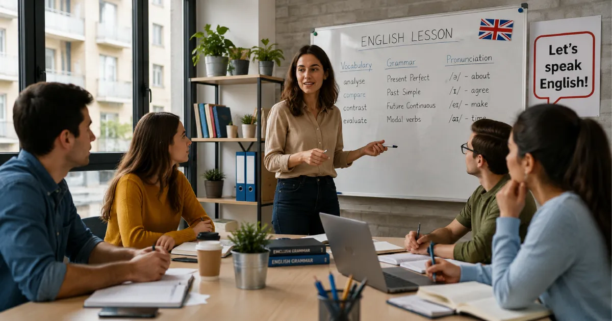 Profesora impartiendo una clase de inglés a un grupo de alumnos adultos en una moderna academia de inglés en L'Hospitalet de Llobregat.