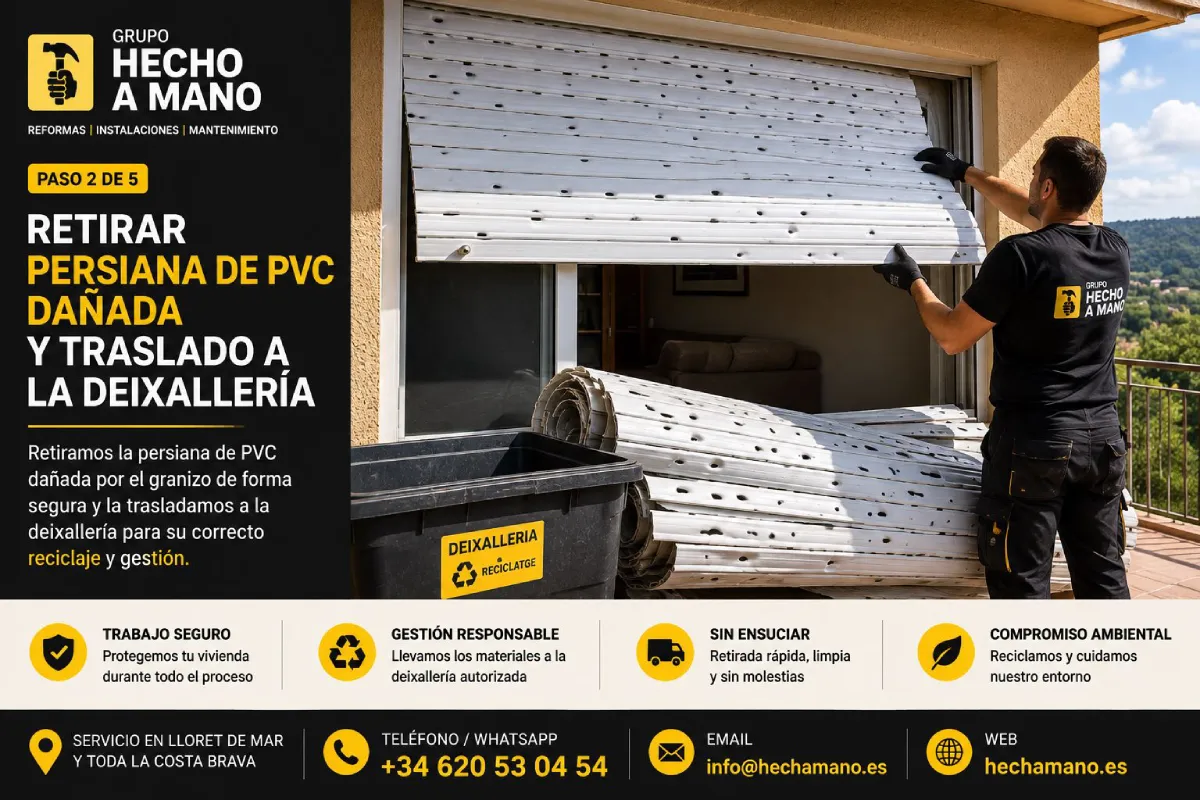 Retirada de persiana de PVC dañada por granizo para su reciclaje