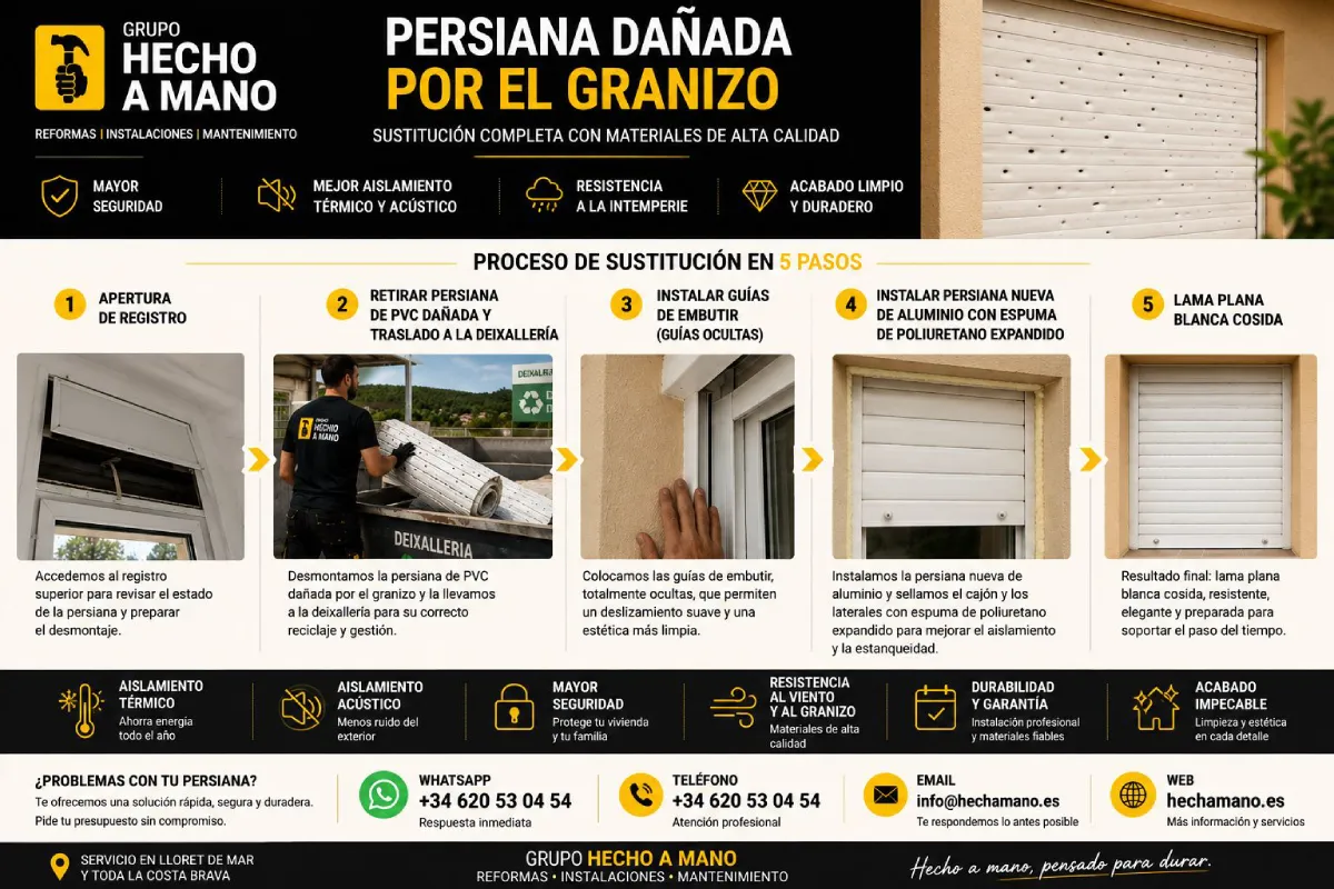 Sustitución de persiana dañada por granizo por una nueva persiana de aluminio