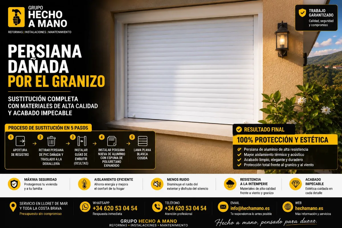 Nueva persiana de aluminio instalada tras sustituir la persiana dañada por granizo
