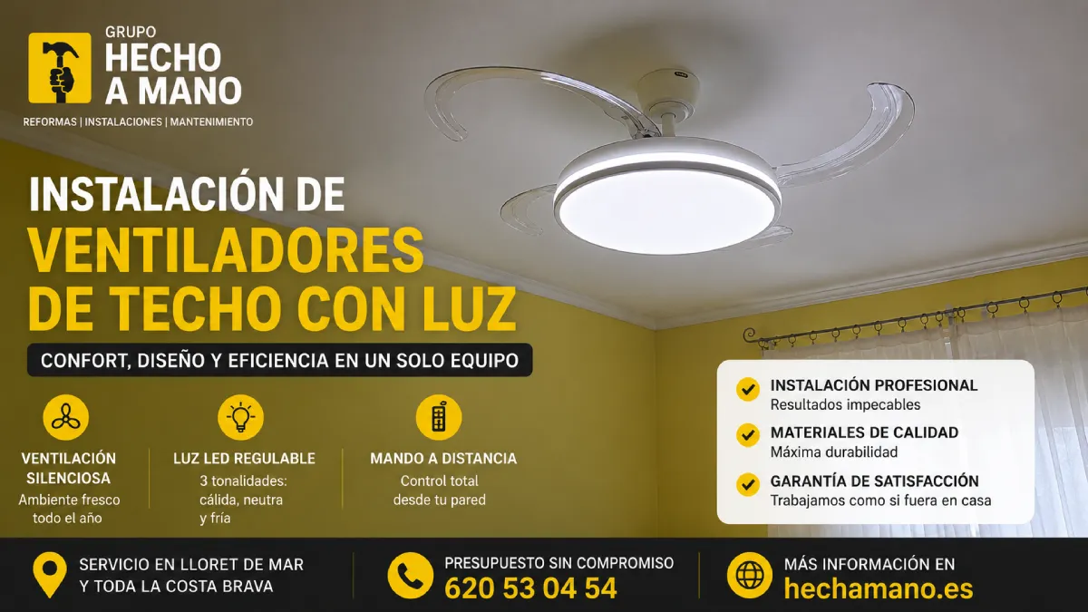 Ventilador de techo con luz encendida y aspas en funcionamiento