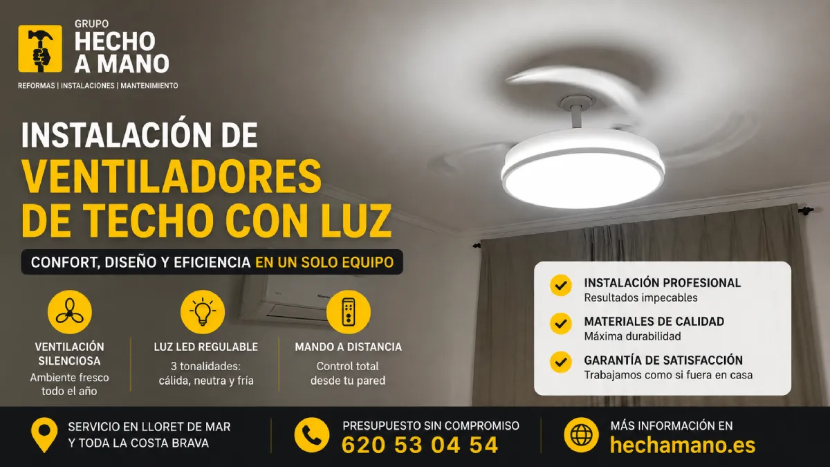 Ventilador de techo con luz LED neutra y aspas en funcionamiento en Lloret de Mar