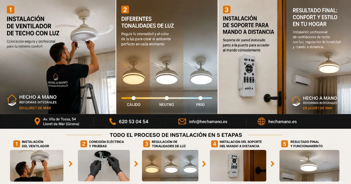 Ventilador de techo con luz instalado por Grupo HECHO A MANO en Lloret de Mar