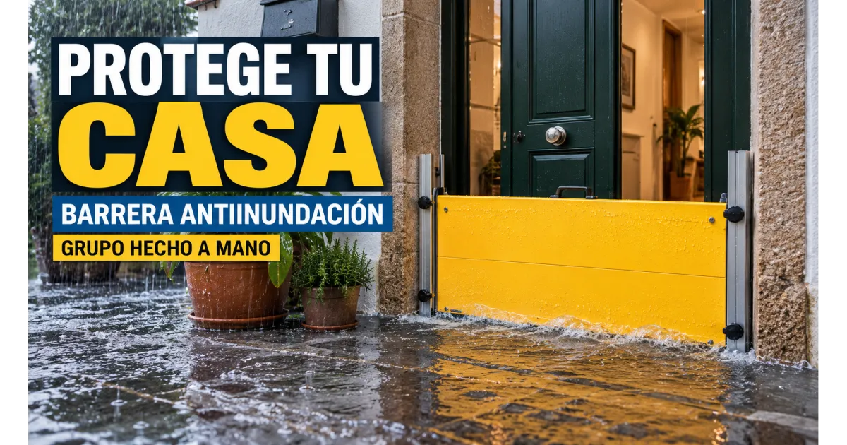 Barrera antiinundación desmontable amarilla instalada delante de una puerta verde para proteger una vivienda